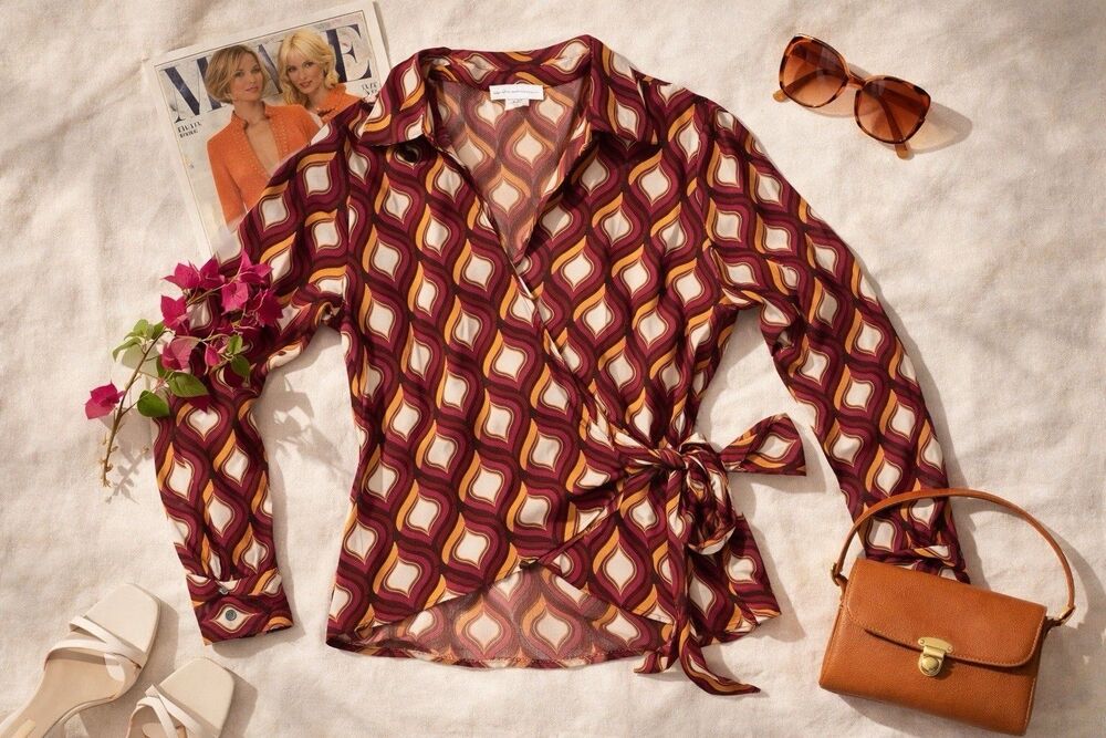 Retro Geometric Wrap Blouse Satin Tie Front Disco Boho Statement Top Medium